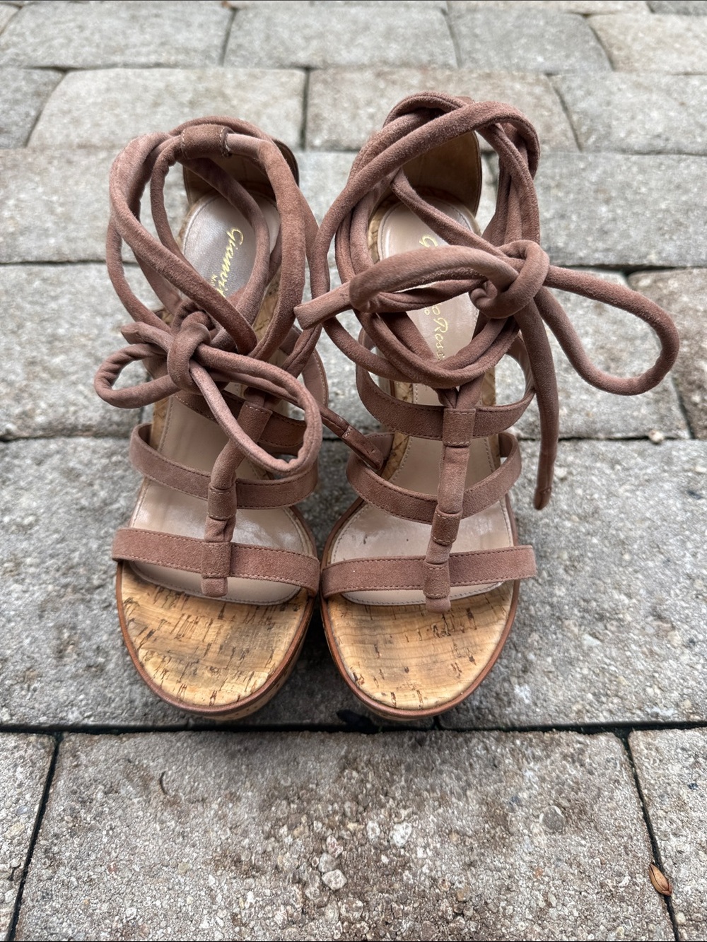 Gianvito Rossi Brown Suede Cork Wedge Sandals with Lace-Up Ties